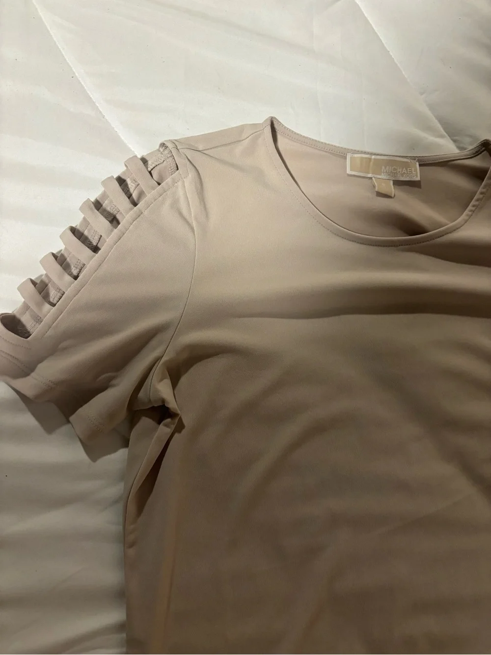 Michael Kors Taupe Cutout Ladder Shoulder Short Sleeve Top Size Small